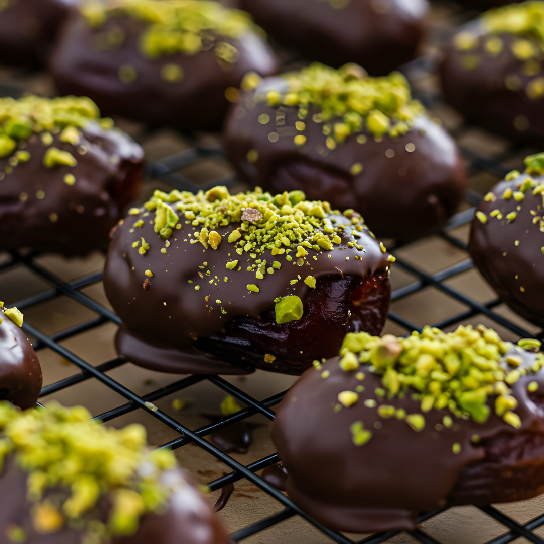 Dadler dyppet i sjokolade med nøttesmør